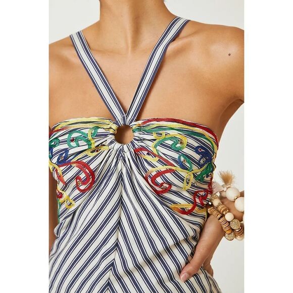 Free People x Tiny Avril Emroidered Striped Knit Halter Size M - Picture 2 of 7